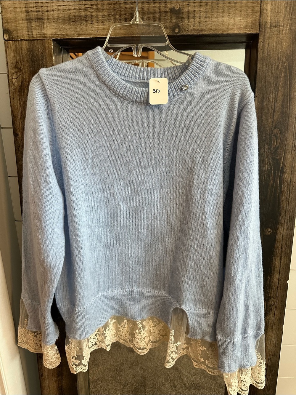 Women’s Medium Baby Blue Lace Trim Sweater Coquette Romantic Layered Look